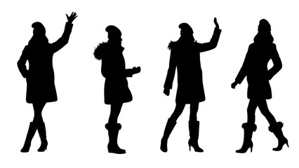 set of women in warm clothes and hats silhouette vector on tranparent background