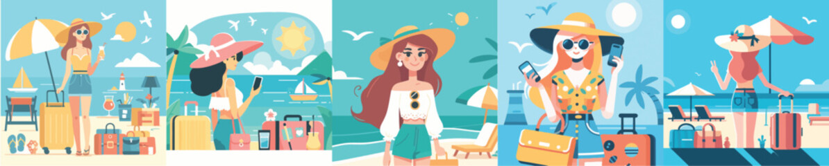 collection of vector images of a woman on holiday