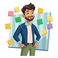  A confident Indian entrepreneur in casual business attire, brainstorming with sticky notes on a glass wall.

