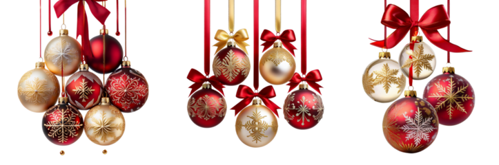 Colorful Christmas ornaments hanging with ribbons, adding festive cheer to the holidays.