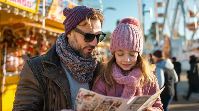 Family Holiday Vacation Amusement Park Togetherness. Father and daughter looking at map of theme park. having fun on Holiday
