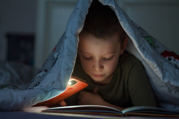 A boy with a flashlight reads under a blanket, immersing himself in a world of fantasy and...