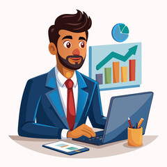 Fototapeta premium Indian finance manager working on financial analysis, reviewing charts and graphs on a laptop in a professional business environment.