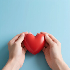 Obraz premium Hands gently cupping a red heart, soft blue background