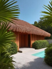 Small wooden house with a thatched roof. the house is surrounded by lush greenery, including palm trees and bushes.