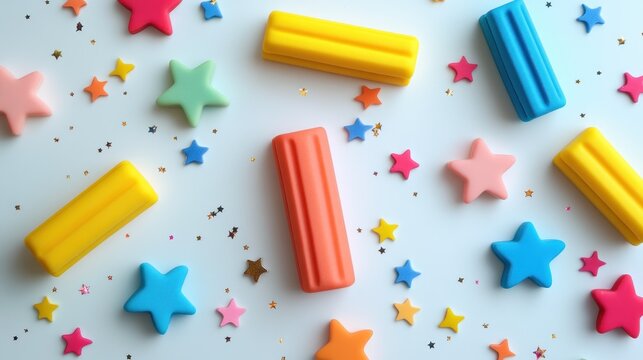 Colorful play dough and stars on white background