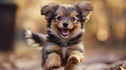 Joyful Fluffy Puppy with Perked Ears and Wagging Tail, Ready to Jump into Adventure with a Big Grin and Sparkling Eyes
