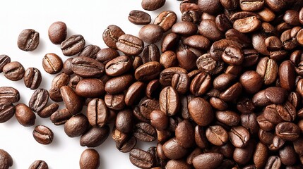 Obraz premium Pile of Roasted Coffee Beans Scattered on a White Background