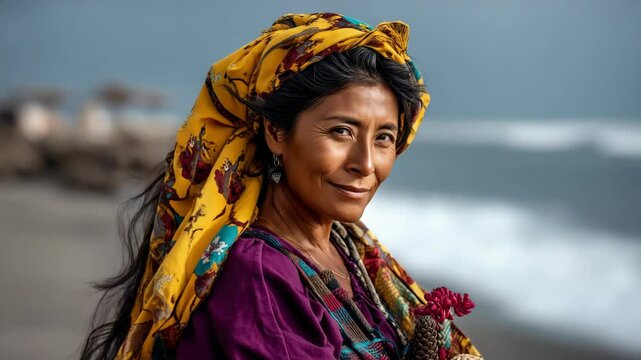 Portrait of a smiling indigenous woman with a yellow patterned headscarf on a blurred beach background, cultural clothing and jewelry visible