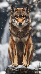 Obraz premium Majestic wolf sits regally on a snowy rock near a waterfall in a winter forest setting for wildlife imagery