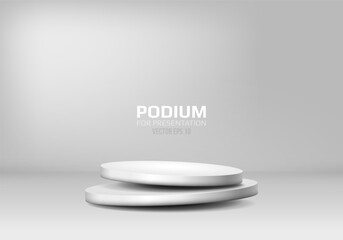 Round white podium on light background. Empty pedestal for award ceremony or product presentation. Vector illustration.