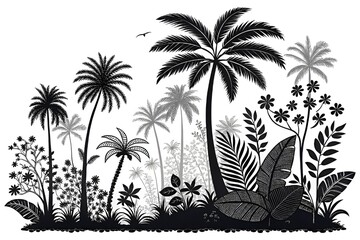 Black Silhouette Palm Trees and Tropical Plants on White Background