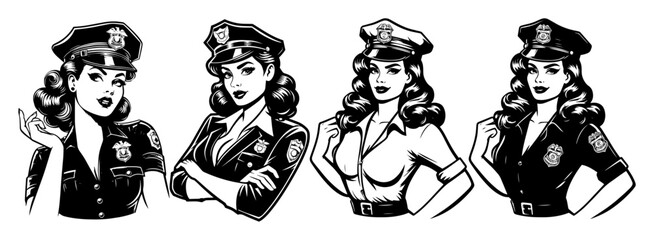retro pinup policewoman vintage black and white vector illustration