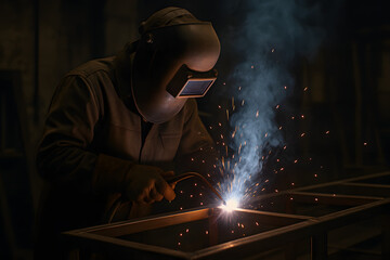 Welder at Work: A focused artisan in protective gear, skillfully welding metal, sparks flying as they create a strong bond. Embodying precision and the art of industry.