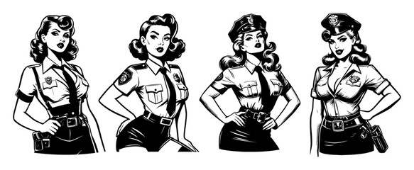 pinup female police officers vintage black and white vector illustrations