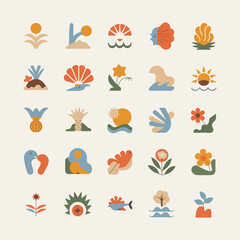Minimalistic Nature-Themed Icon Set | Abstract Plants, Birds, Shells & Waves | Flat Silhouette Design