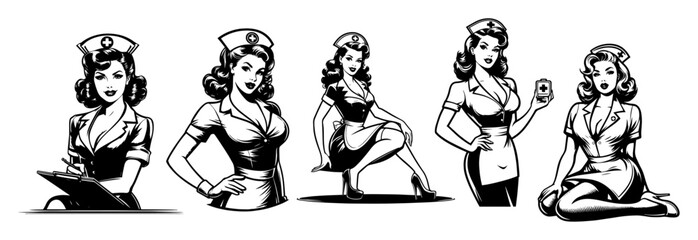retro pinup nurses women vintage black and white vector illustrations