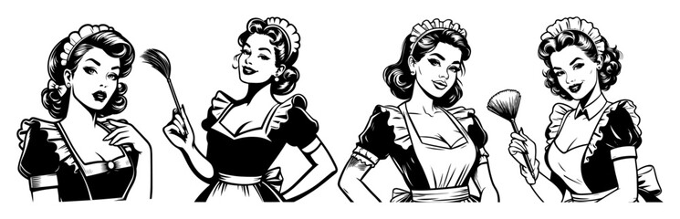 retro housewives cooking vintage black and white vector illustrations