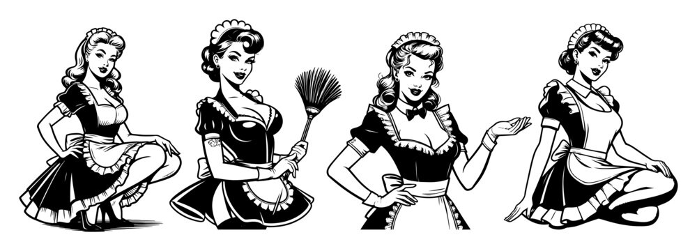 retro pinup maid woman vintage black and white vector illustration