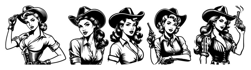 retro cowgirl women with guns wild west vintage black and white vector illustrations