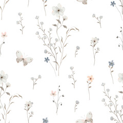 Watercolor seamless pattern with delicate flowers, branches and butterflies, illustration floral meadow for textile or wallpapers, isolated hand drawn print.