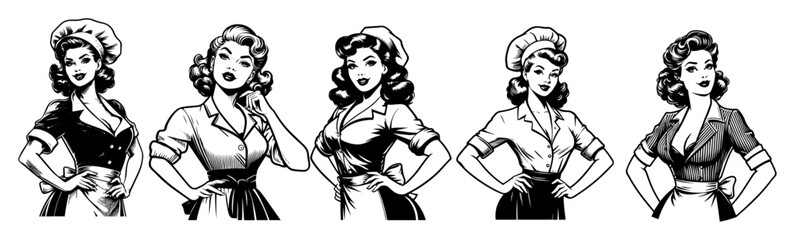 retro pinup housewives and chefs vintage black and white vector illustrations
