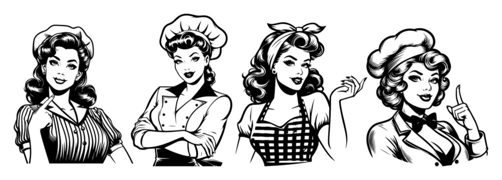 retro pinup women chefs and housewives vintage black and white vector illustrations