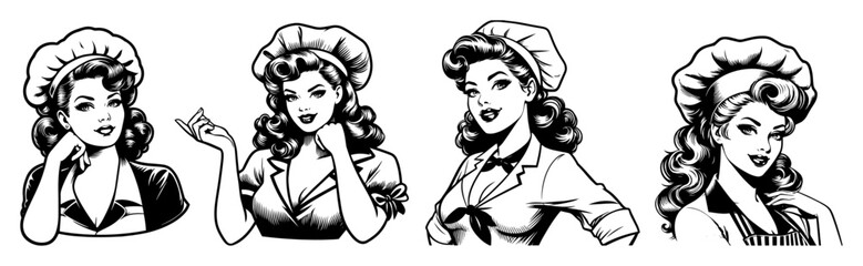retro pinup female chefs vintage black and white vector illustrations