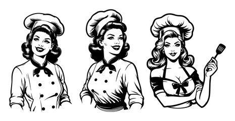 retro female chefs vintage cooking black and white vector illustrations