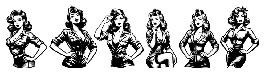 retro pinup women poses vintage black and white vector illustrations