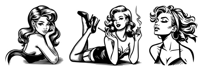 retro pinup girls black and white vintage vector illustrations