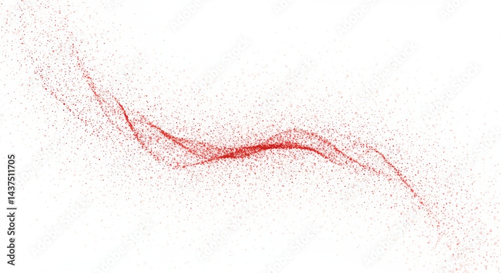 Poster delicate red particle stream flowing across a white background with subtle scattered particles aroun