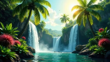 Serene Waterfall Cascading Through Lush Tropical Paradise, Flanked by Palm Trees and Vibrant Flora
