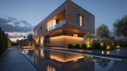Fototapeta premium Modern wooden home by a pool at twilight