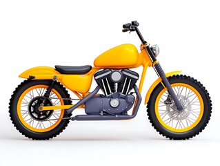Fototapeta premium A yellow motorcycle with black seat and tires, isolated on a white background