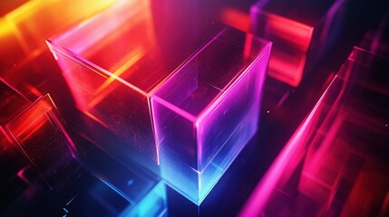Obraz premium Abstract digital background with overlapping translucent geometric shapes in vibrant neon tones, cyberpunk aesthetic and futuristic glowing effects.
