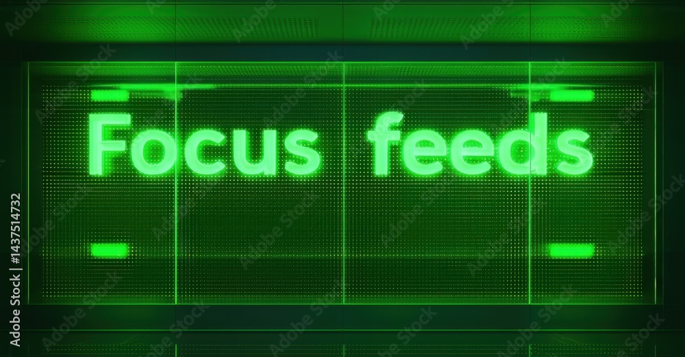 Poster Bright green display shows Focus feeds text. Grid pattern background suggests digital interface or futuristic setting. Minimalist design.