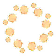 Round frame of watercolor suns on a white background. Summer sunny decor element.