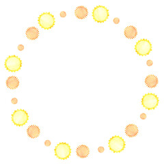 Round frame of watercolor suns on a white background. Summer sunny decor element.