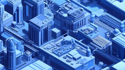 Futuristic city grid, intricate mechanical structures, isometric view