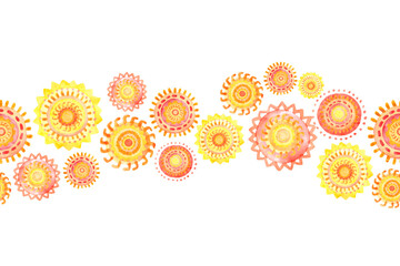 Seamless border of watercolor suns. Summer design element.