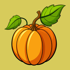 Vibrant Cartoon Pumpkin with Green Leaves on a Light Yellow Background