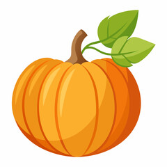 Cheerful Orange Pumpkin with Green Leaves Isolated on White Background