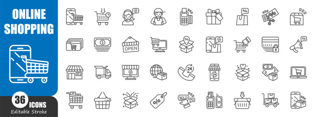 E-commerce and online shopping . Technology outline icon . Editable stroke . Vector .