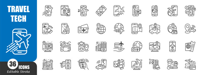 Travel techonology outline icon . Editable stroke . Vector .