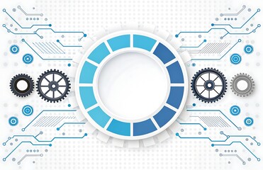 Obraz premium Digital circuit design with gears and a progress bar. A visually appealing illustration of digital circuit design, featuring interconnected gears and a circular progress bar.
