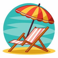 Cartoon image depicting a beach scene with a chair and umbrella