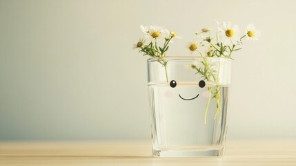 Fresh flowers in a glass with a happy face