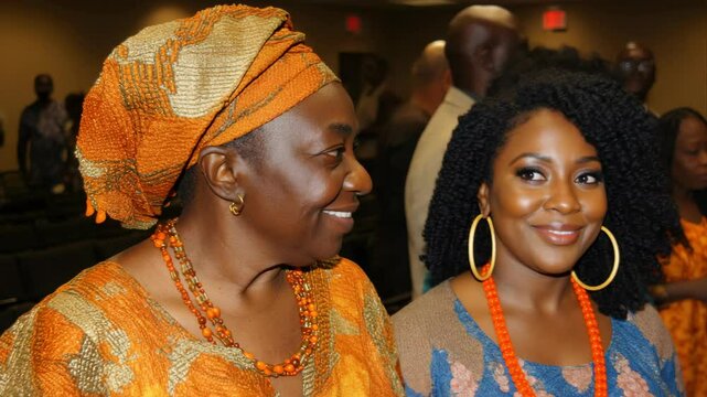 Two African descent women wearing traditional clothing and beads, smiling in a room, dressed in orange and gold headwrap and dresses, formal occasion
