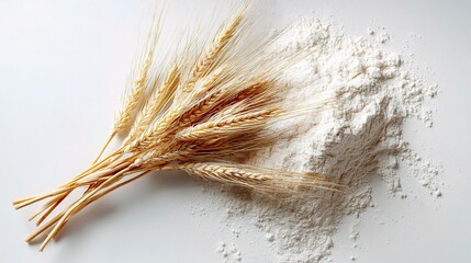Fresh Wheat Ears Bundled Beside Small Pile of White Flour